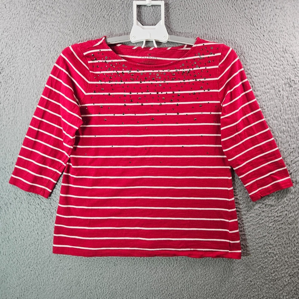 Talbots Tee Top Women Medium Red Whtie‎ Striped Stretch 3/4 Sleeve
